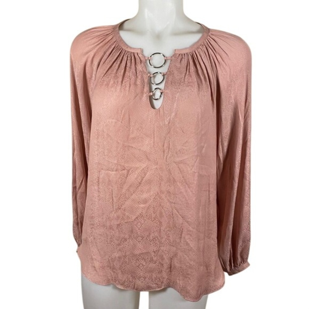 Jennifer Lopez Pink Snakeskin Jacquard O-Ring Keyhole Blouse XS PNK NOVEAU